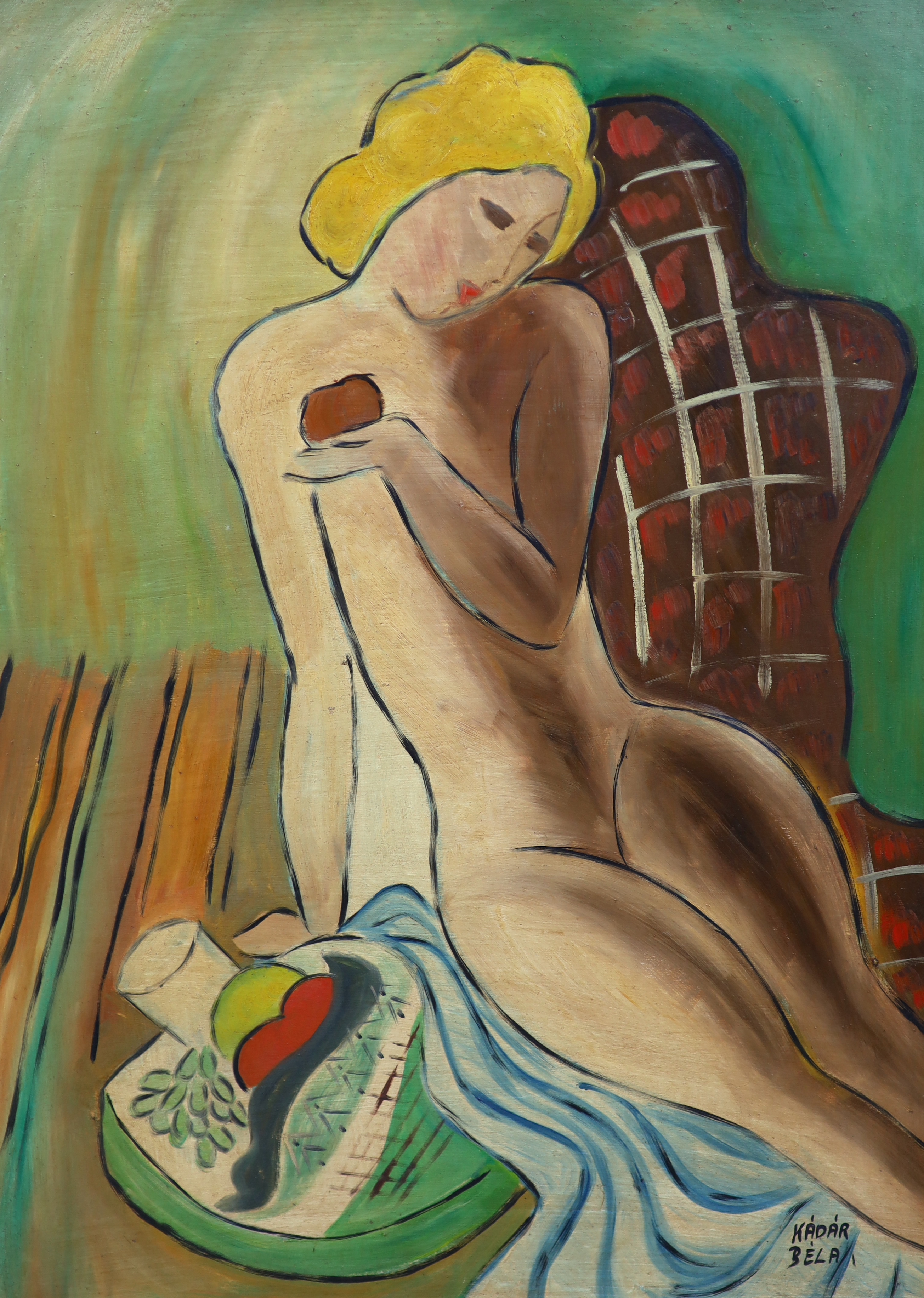 Béla Kádár (Hungarian, 1877-1955), Nude woman eating an apple, oil on board, 60 x 44cm